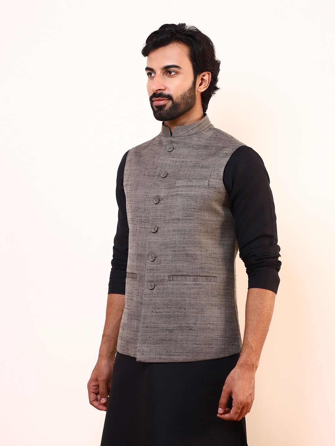 

Satwaa Woven Design Cotton Linen Nehru Jacket, Grey