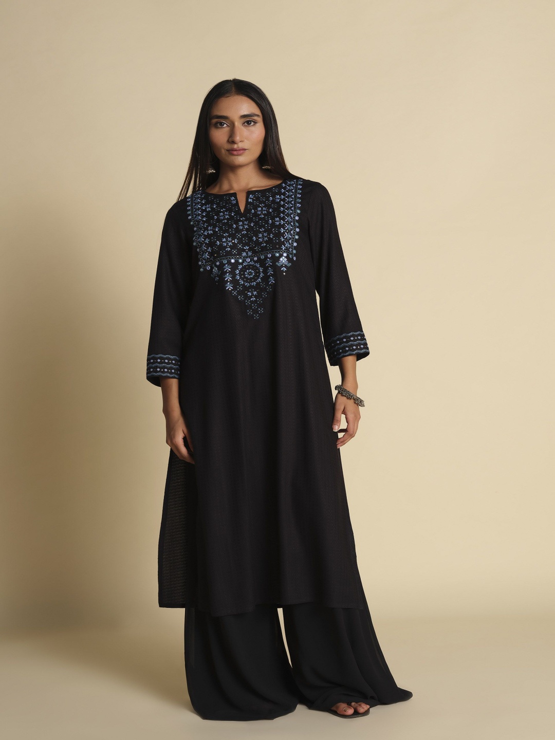 

Global Desi Women Ethnic Motifs Embellished Mirror Work Flared Sleeves Kurta, Black