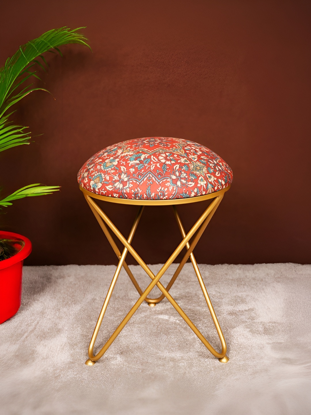 

Decoghar Red & Blue Floral Printed Round Shaped Metallic Stool