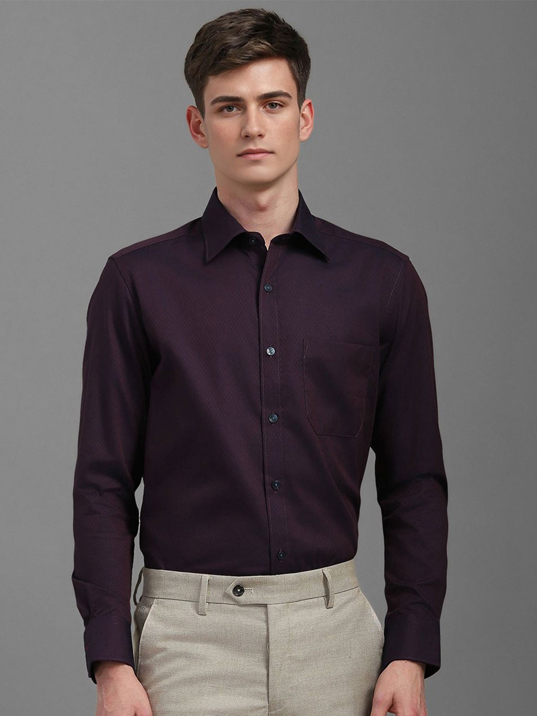 

Louis Philippe Men Classic Fit Spread Collar Textured Cotton Formal Shirt, Purple