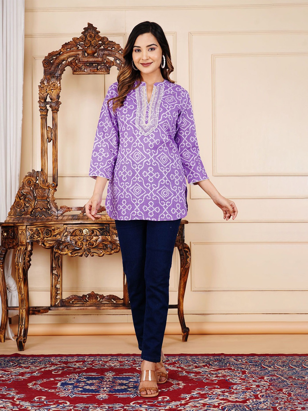 

L.H HANDICRAFTS Printed Embroidered Mandarin Collar Cotton Tops, Purple