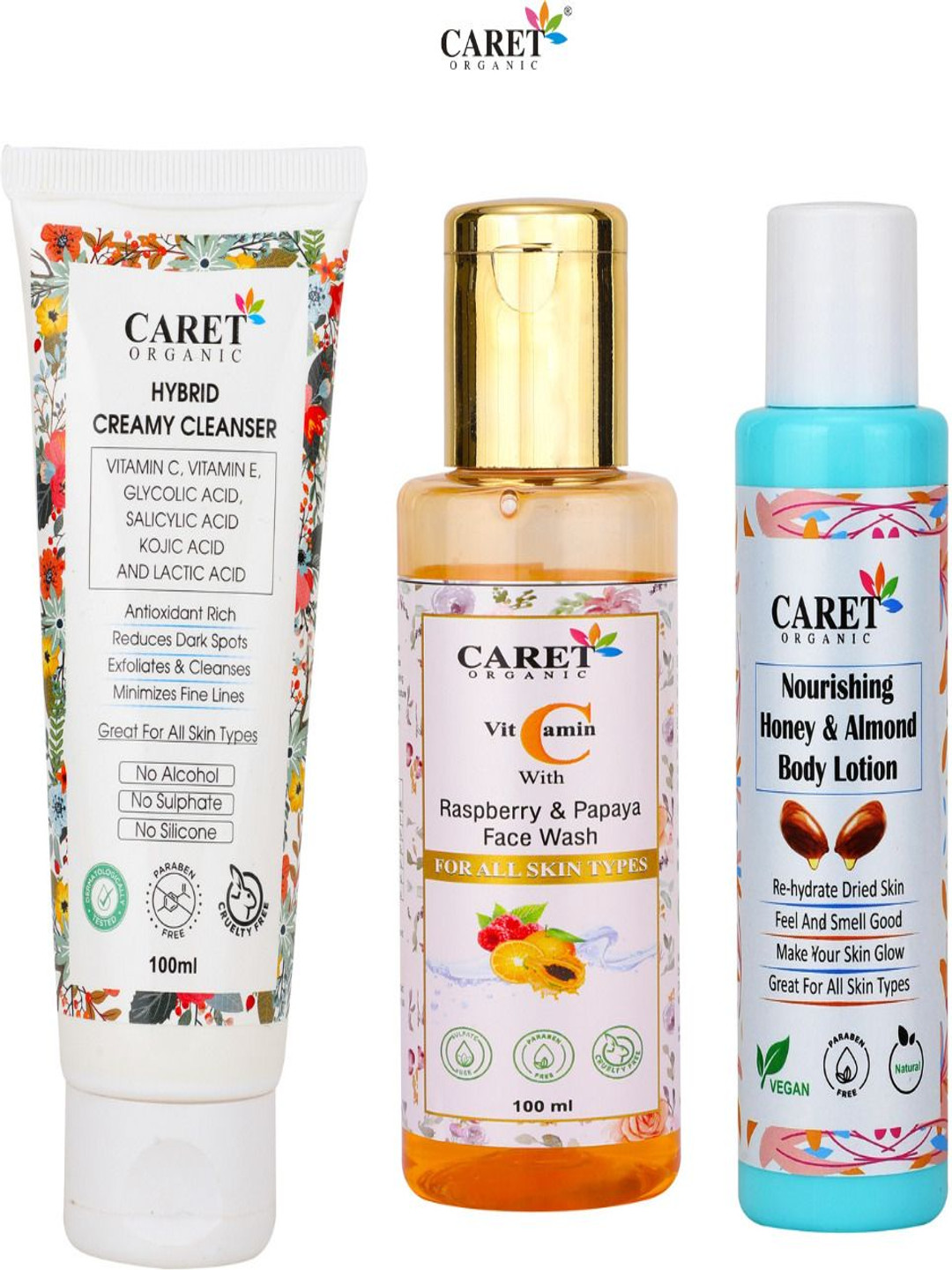 

CARET ORGANIC Set Of 3 Creamy Cleanser, Facewash & Almond Body Lotion - 100 ml Each, White