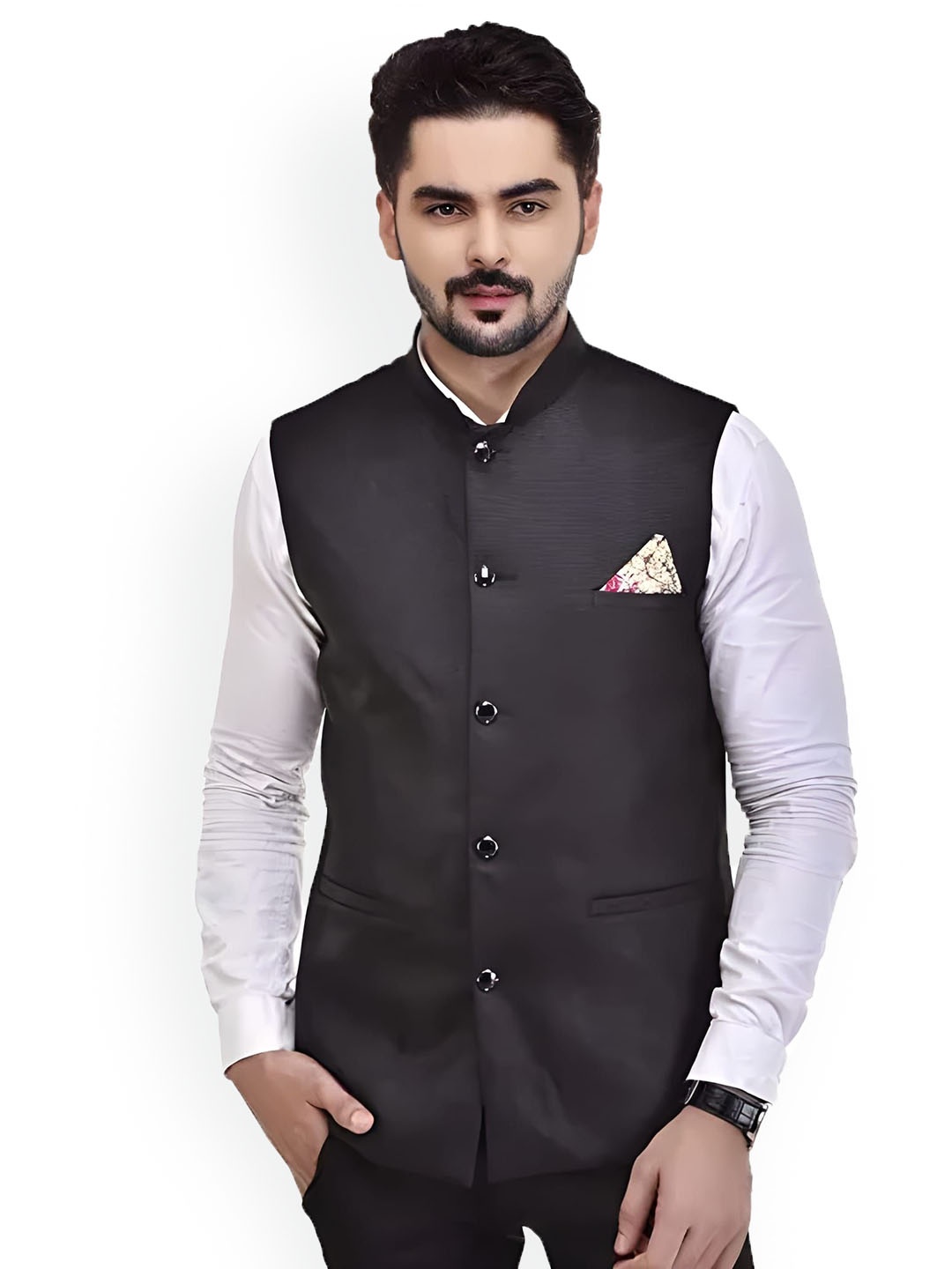 

Eliq Mandarin Collar Nehru Jacket, Black