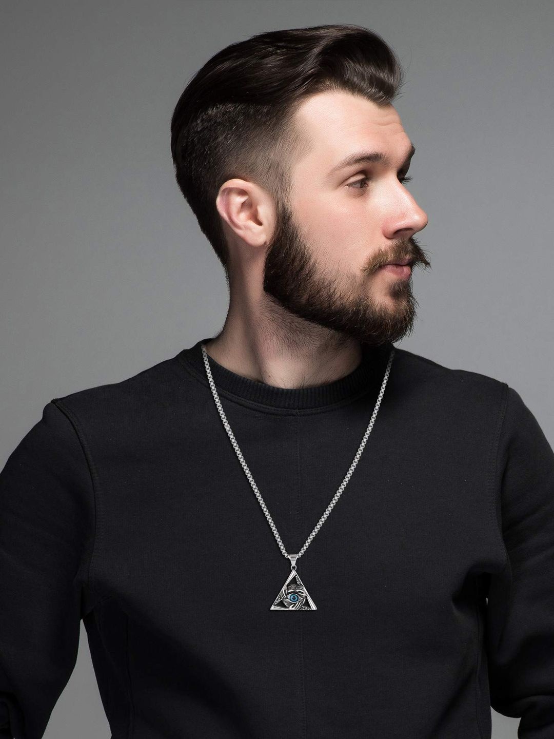 

BEYTER Men Triangular Shaped Pendant With Chain, Silver