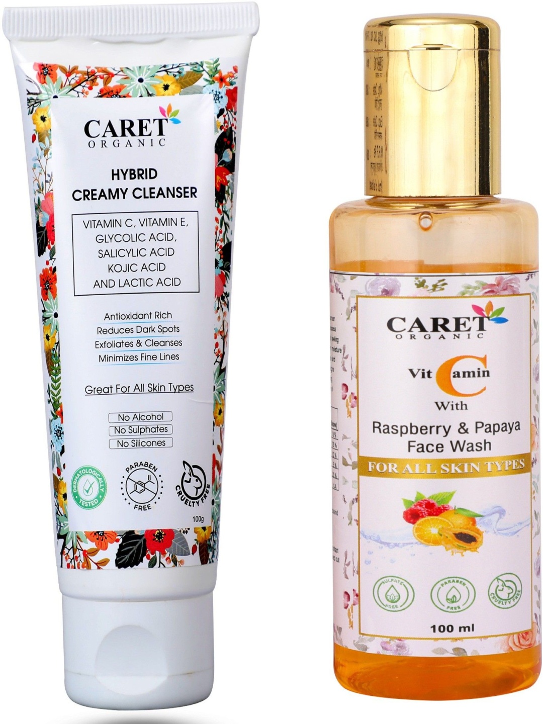 

CARET ORGANIC Set Of 2 Hybrid Creamy Cleanser & Papaya Face Wash - 100 ml Each, White