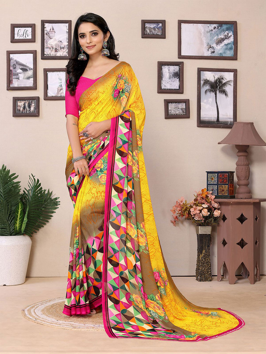 

Moda Rapido Women Geometric Printed Saree, Yellow