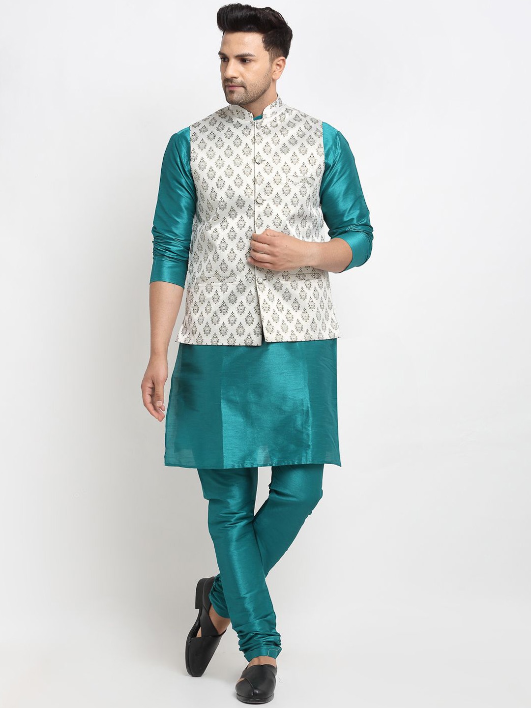 

Kaifoo Mandarin Collar Long Sleeves Straight Kurta with Churidar & Nehru Jacket, Teal