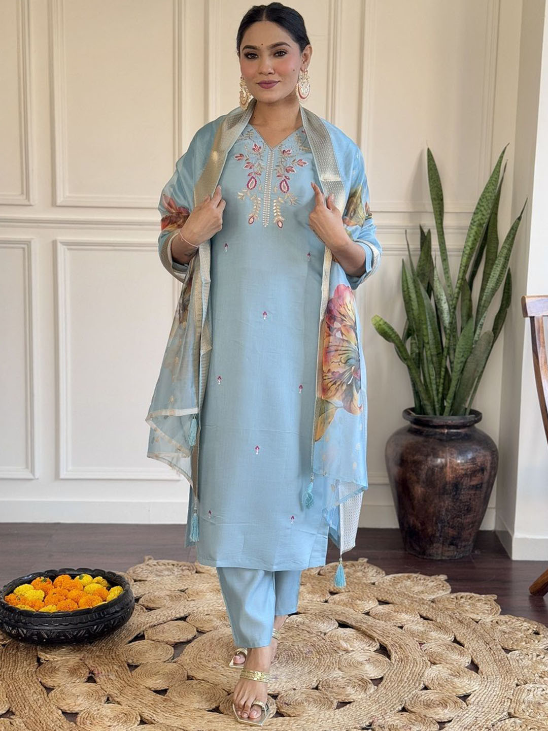 

KOTRONS Floral Embroidered Sequinned Chanderi Silk Straight Kurta With Trousers & Dupatta, Blue