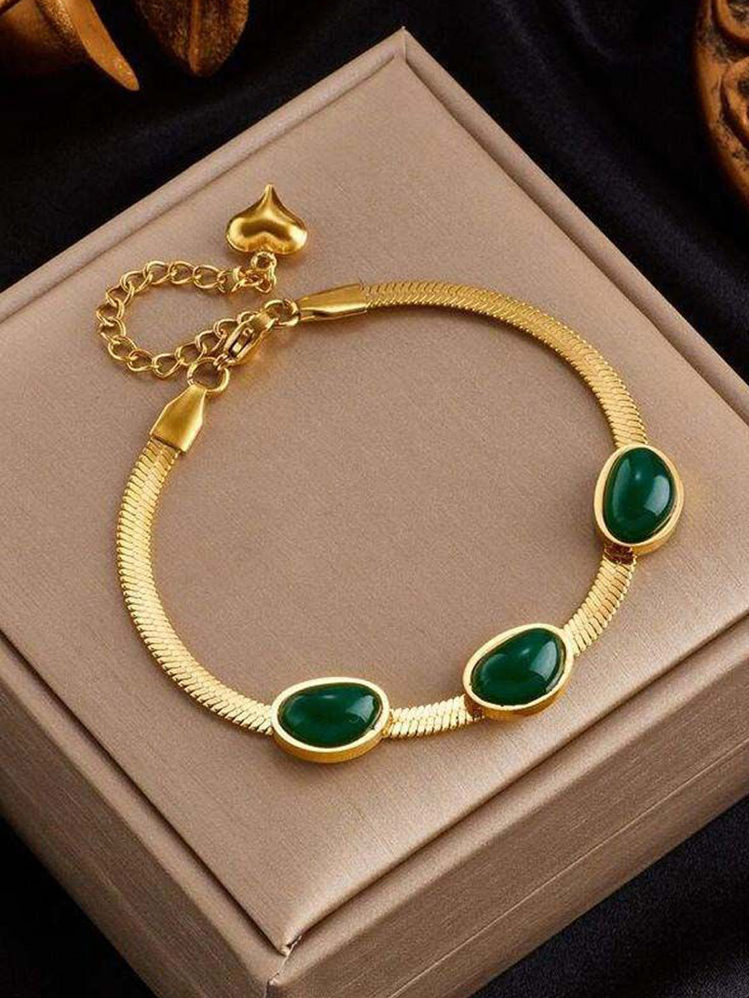 

GOLDIWALA Gold-Plated Stainless Steel Stone Studded Flat Snake Chain Wraparound Bracelet