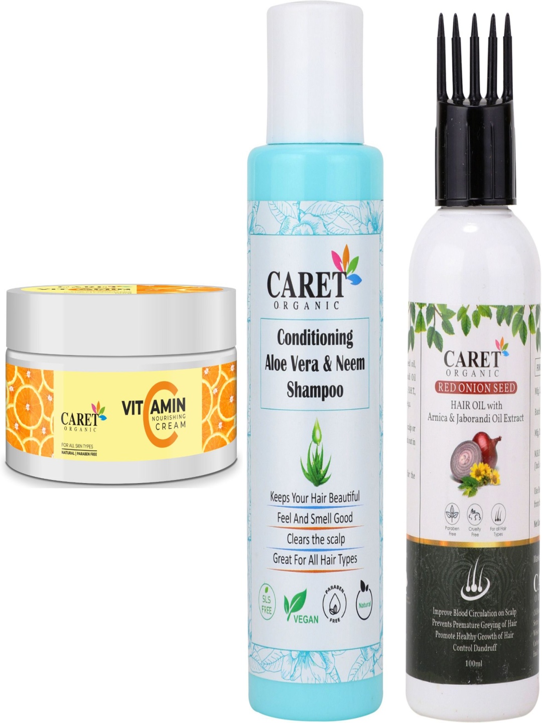 

CARET ORGANIC Set Of 3 Aloevera & Neem Shampoo, Hair Oil & Vitamin C Cream, White