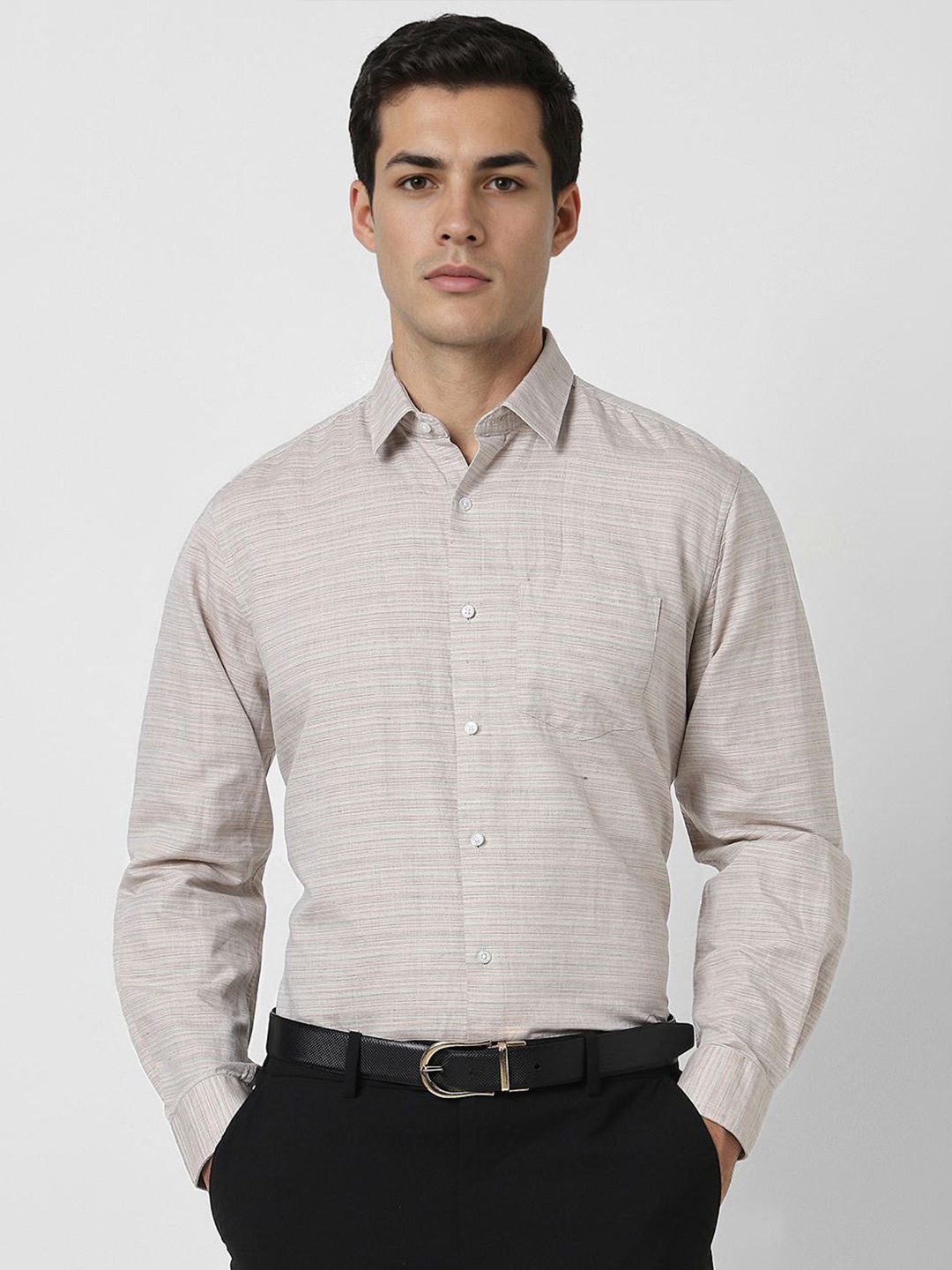 

Van Heusen Men Spread Collar Horizontal Striped Linen Casual Shirt, Grey