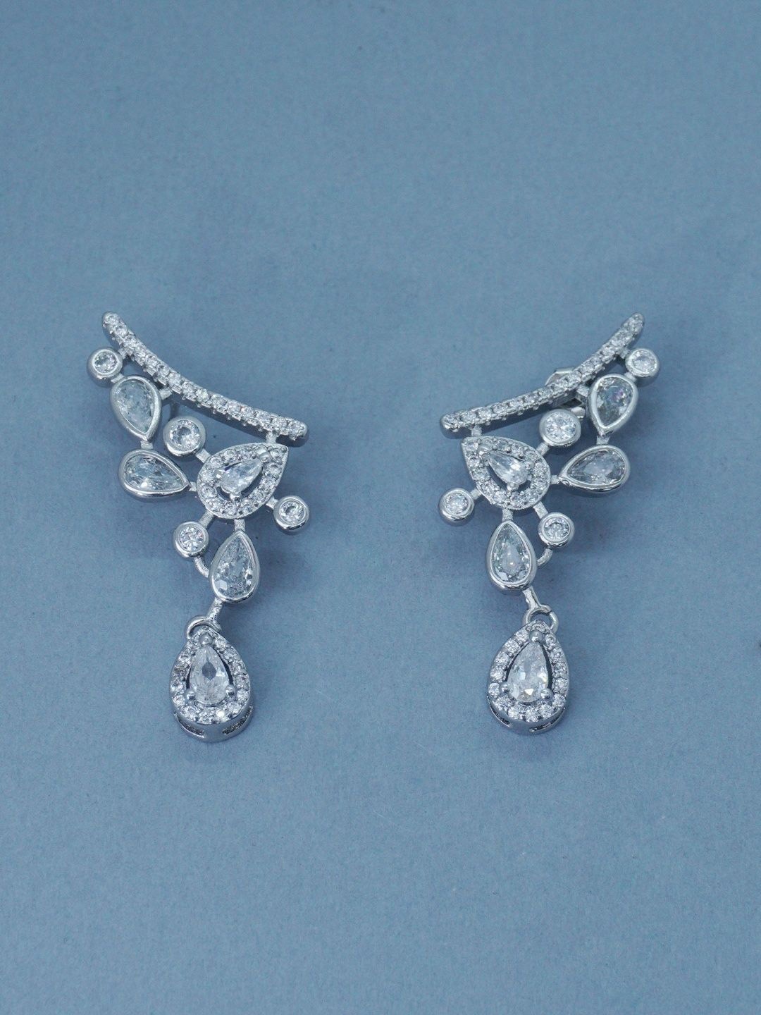 

Niscka Silver-Plated Zircon Stone Studded Contemporary Drop Earrings