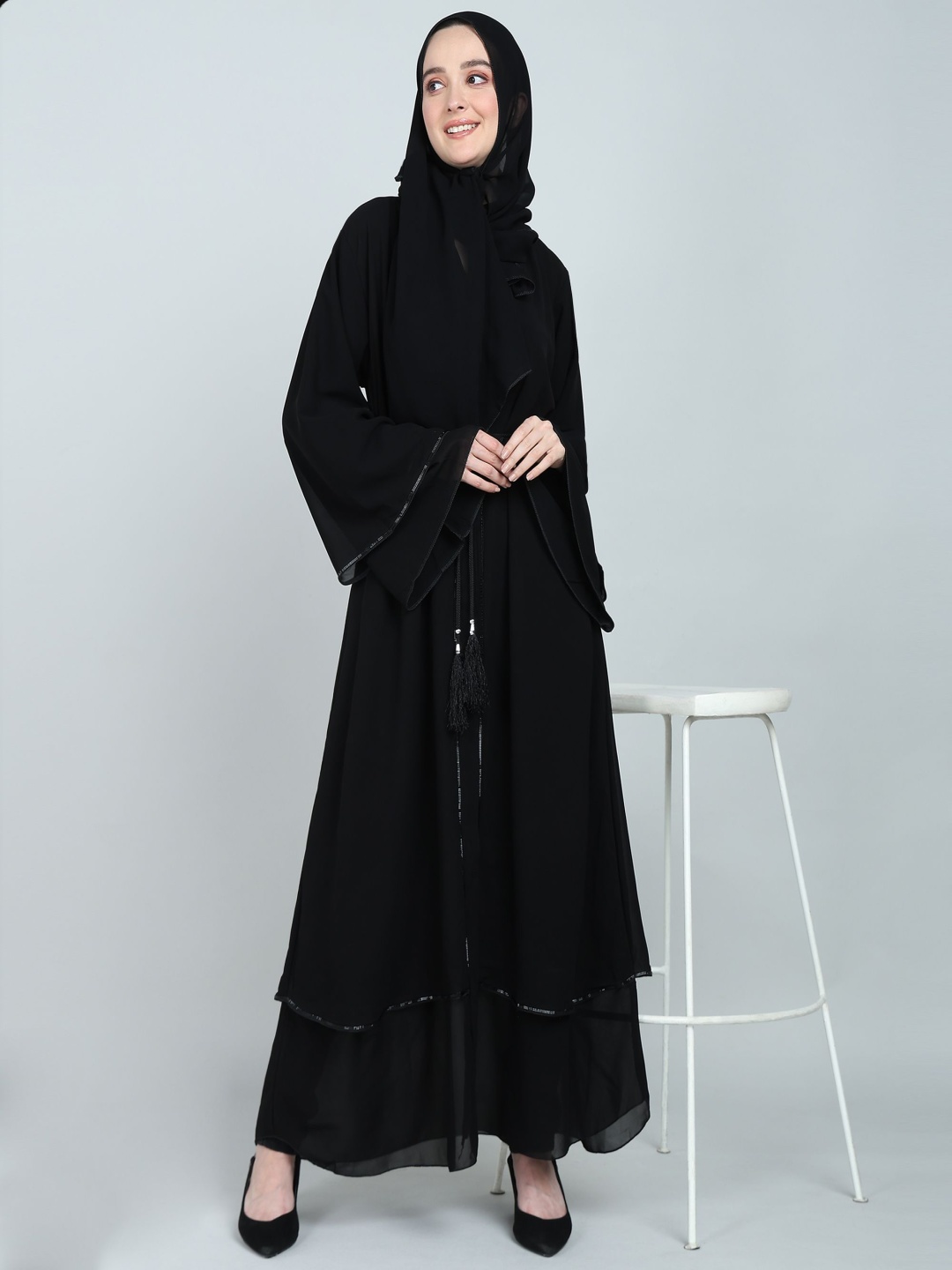 

BROKE BRAND Women Solid Front-Open Double-Layer With Lace Detailing Abaya Burqa, Black