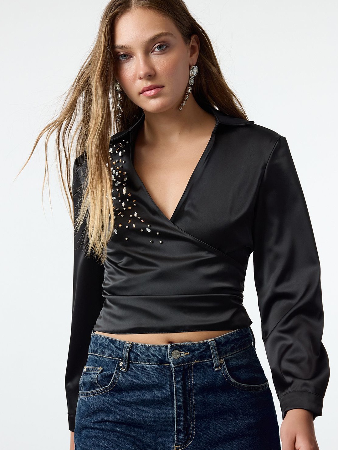 

Trendyol Women Solid Sequined Long Sleeves Wrap Top, Black