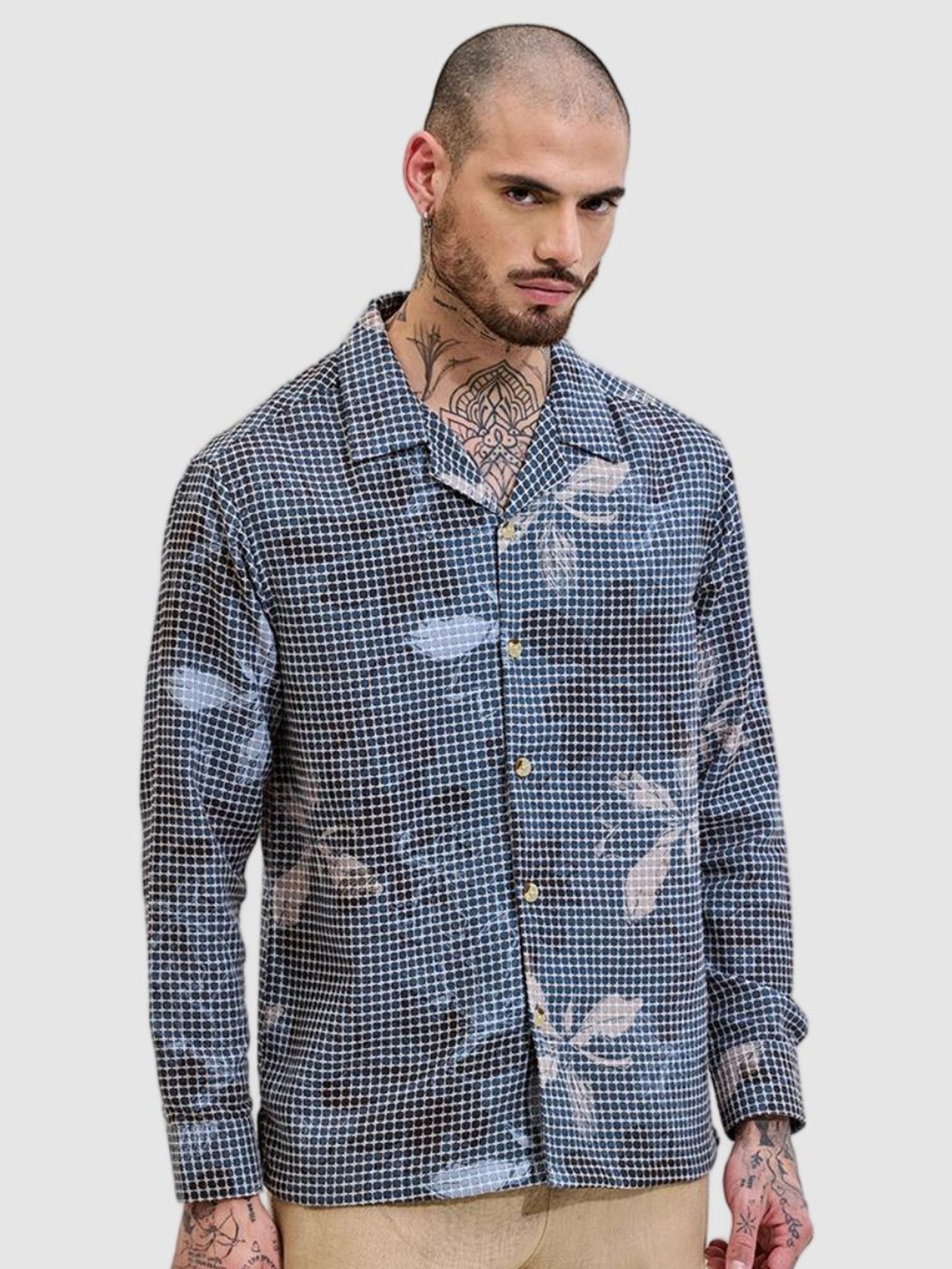 

Snitch Men Relaxed Boxy Fit Cuban Collar Checked Cotton Casual Shirt, Blue