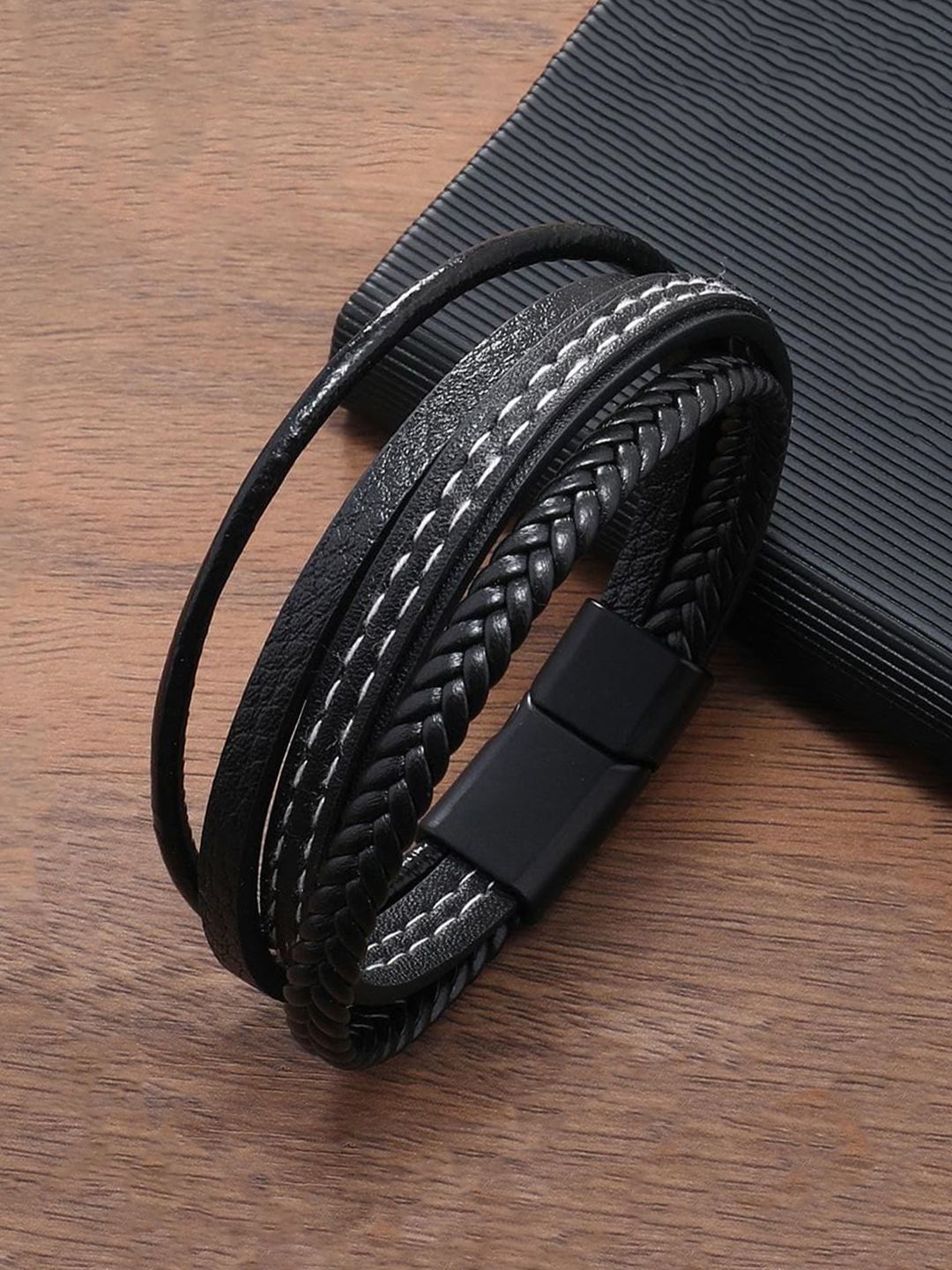 

Designs & You Men Leather Multi Layered Wraparound Bracelet, Black