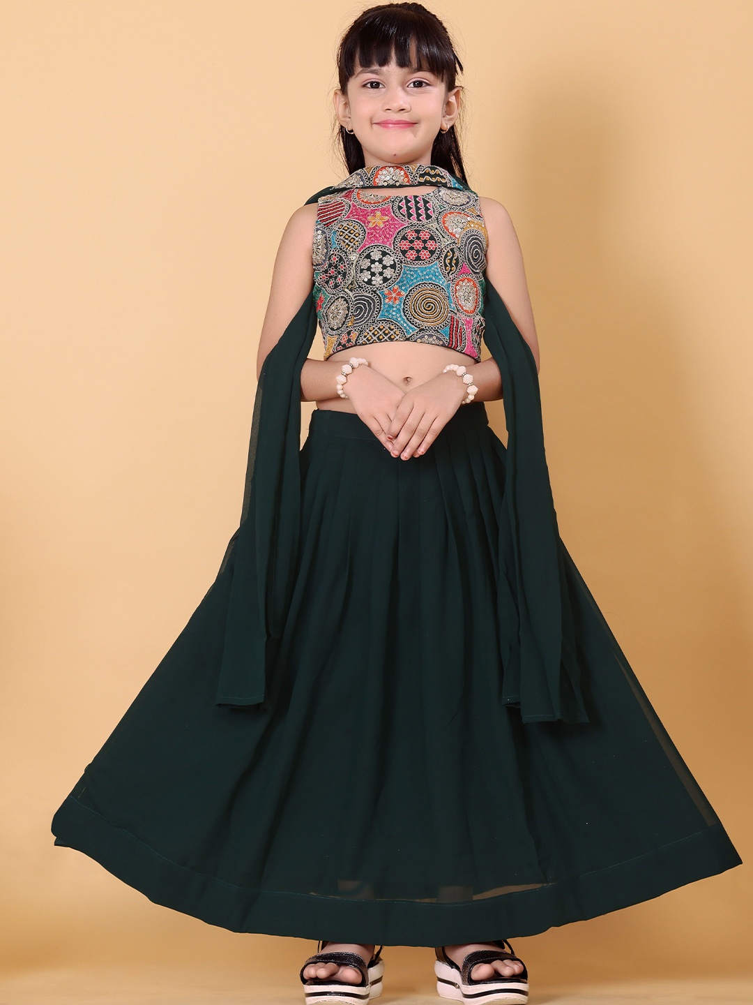 

Kinjo Girls Embroidered Sequinned Ready to Wear Lehenga & Blouse With Dupatta, Green