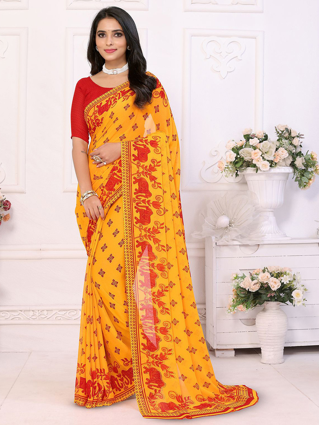 

Moda Rapido Ethnic Motifs Printed Saree With Unstiched Blouse Piece, Red