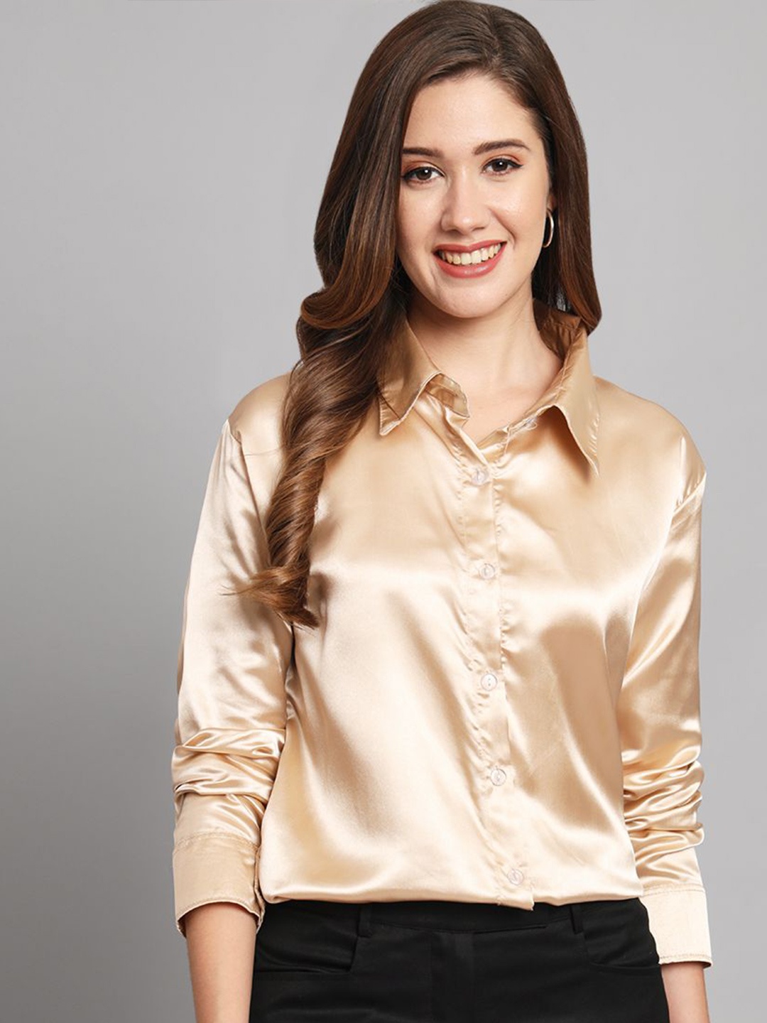 

Funday Fashion Women Spread Collar Solid Satin Formal Shirt, Beige