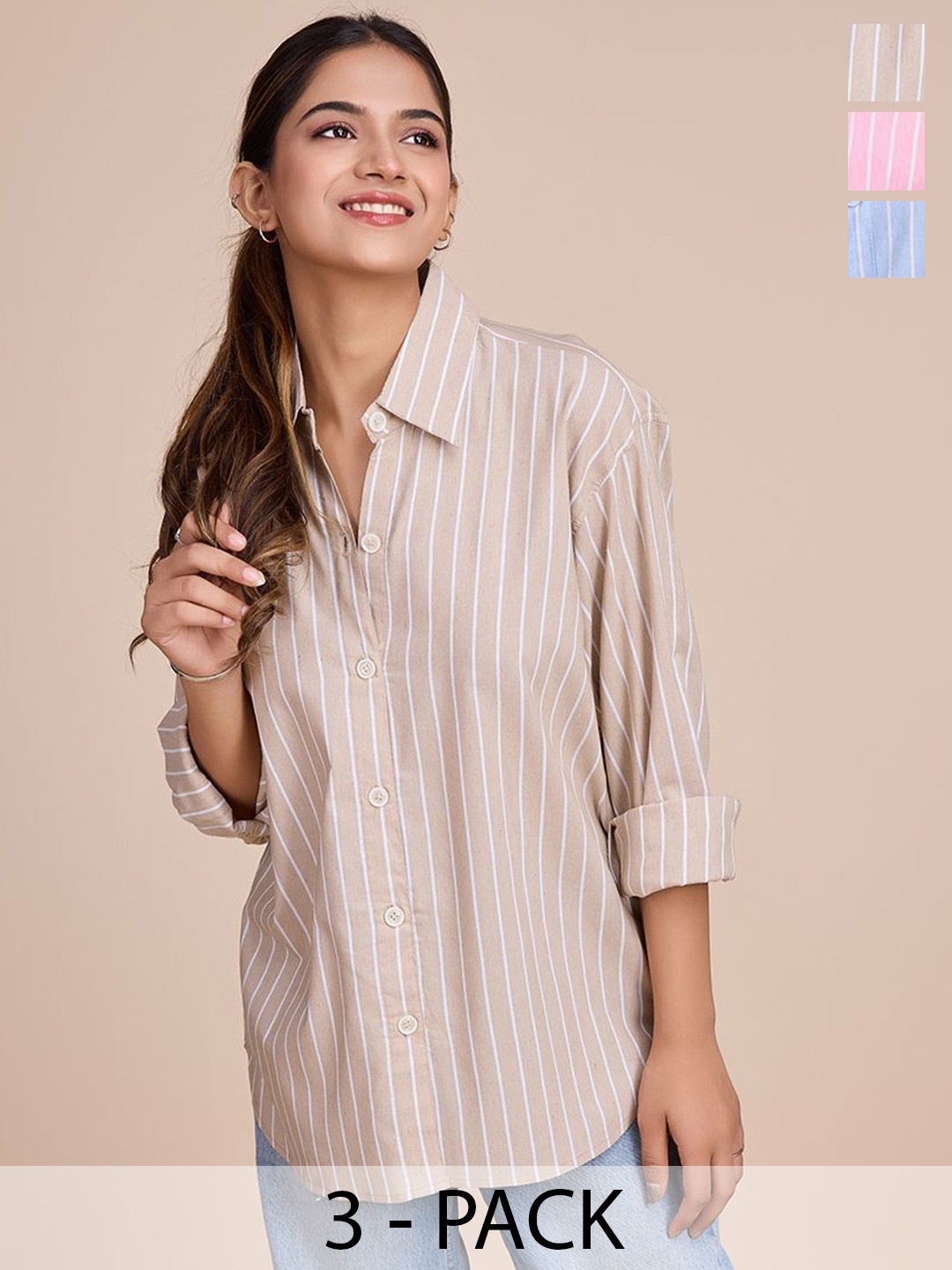 

HOUSE OF MIRA Women Pack Of 3 Classic Oversized Fit Vertical Striped Cotton Casual Shirts, Beige