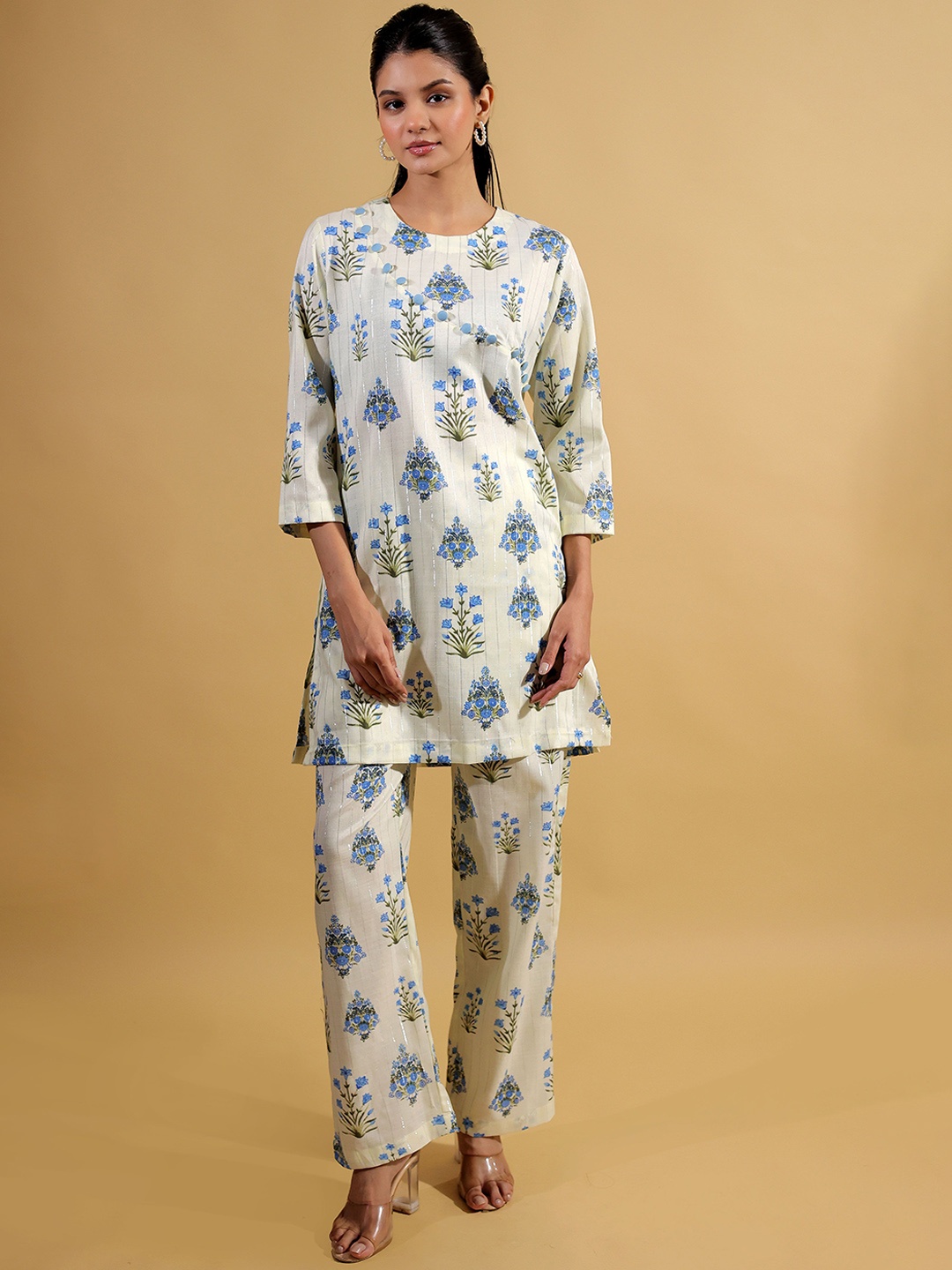 

BEOM Floral Printed Round Neck Tunic With Trouser, Off white