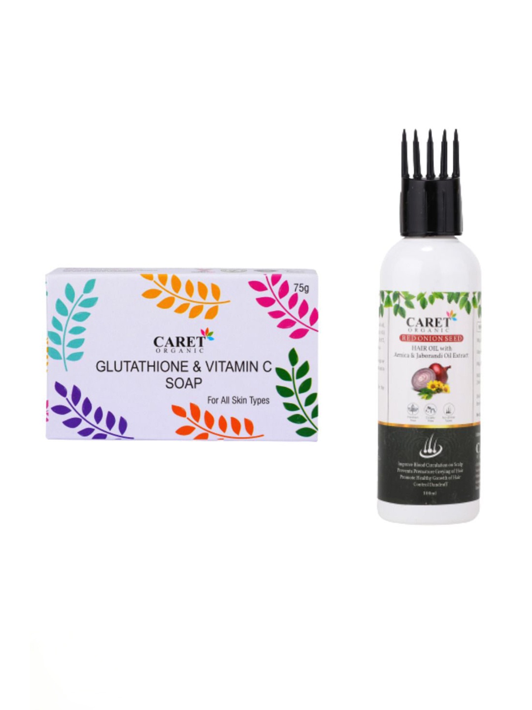 

CARET ORGANIC Set Of 2 Glutathione, Vitamin C Soap - 75 g & Red Onion Seed Hair Oil- 100g, White