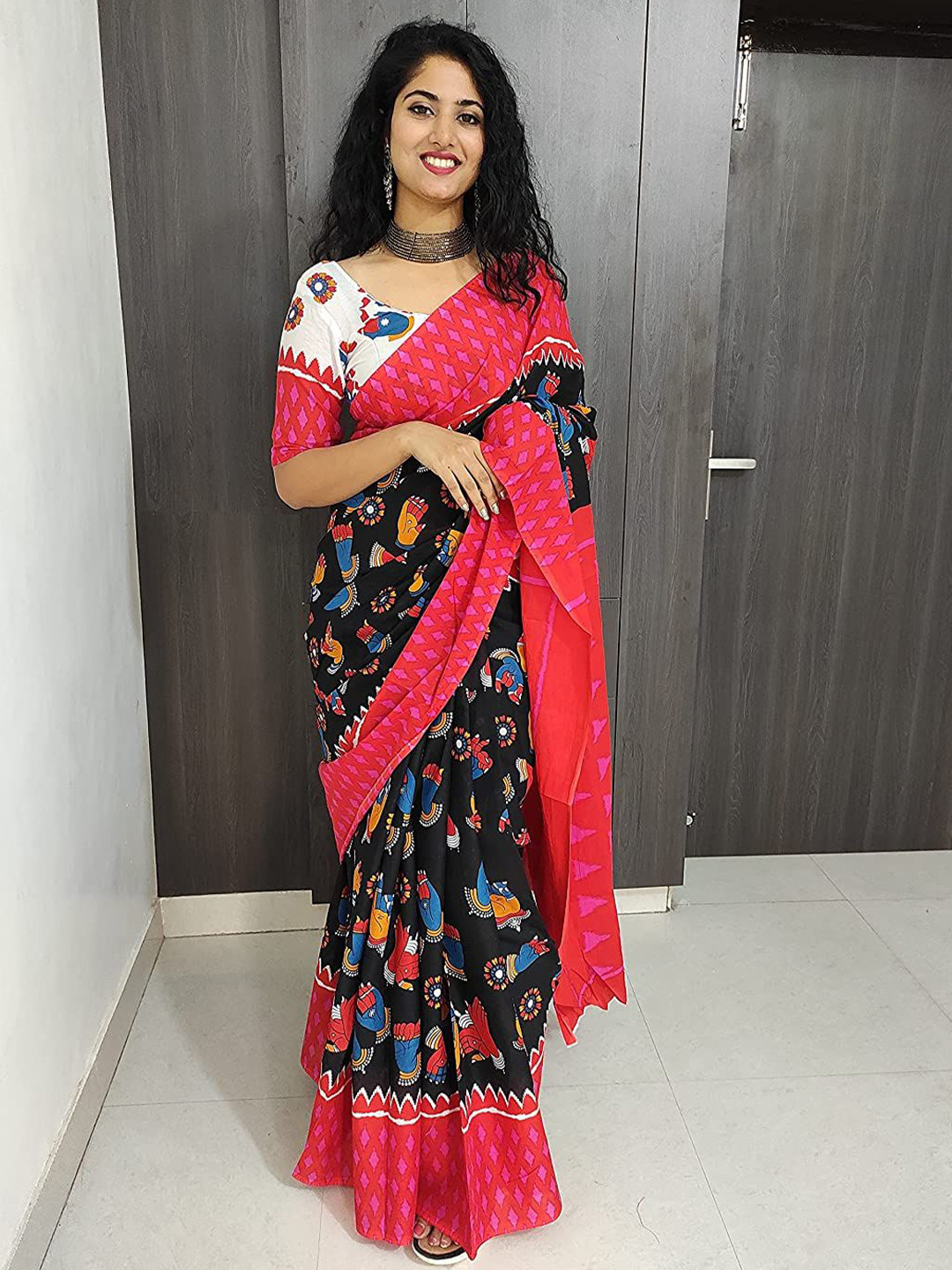 

Pinkcity Trade World Ethnic Motifs Pure Cotton Block Print Saree, Black