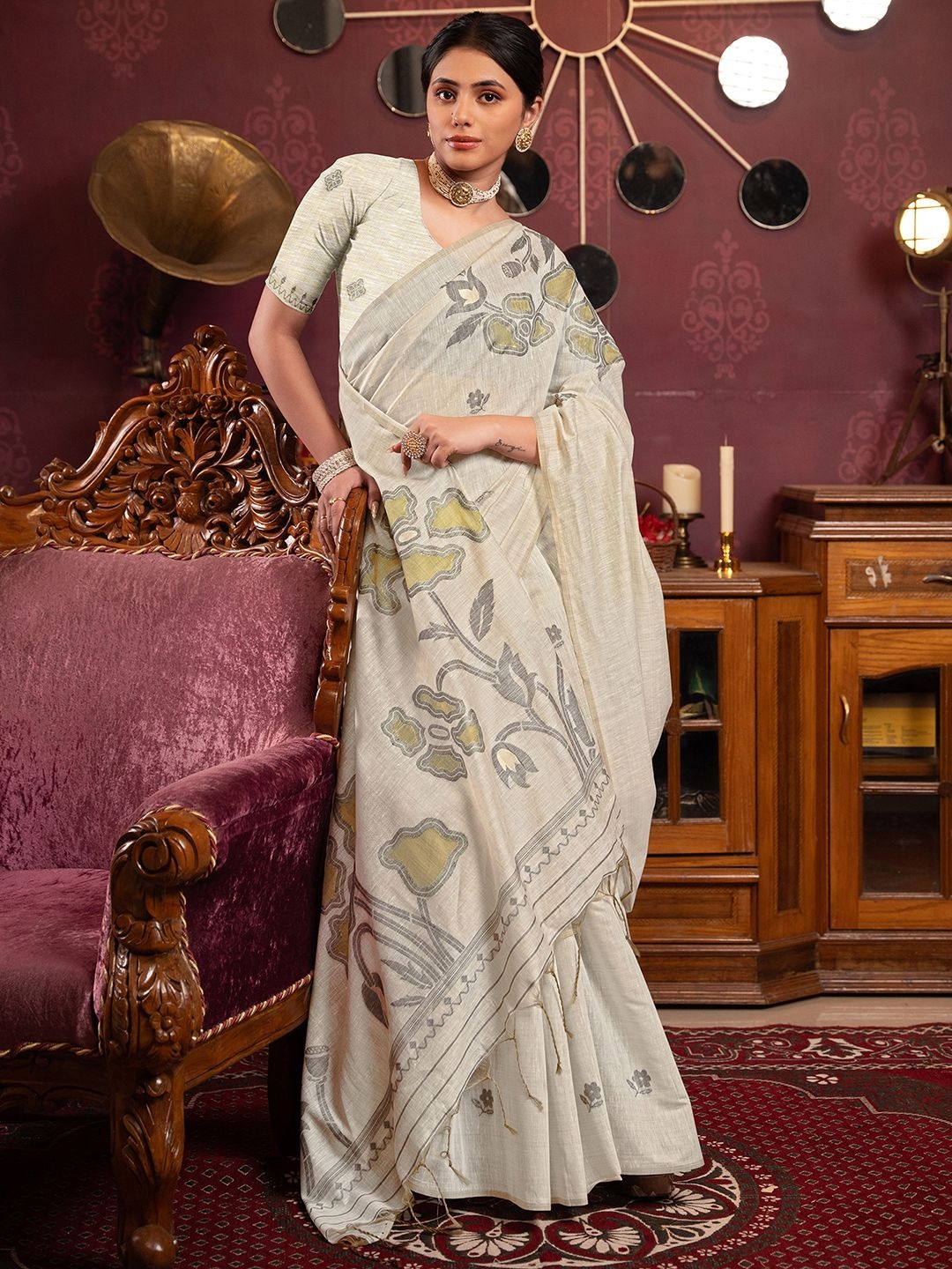 

Satrani Ethnic Motifs Pure Cotton Saree, Off white