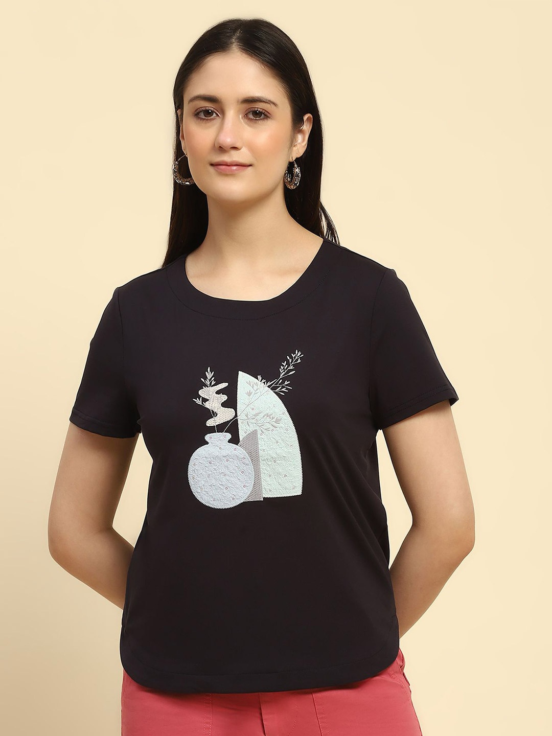 

Global Republic Women Embroidered Cotton Top, Navy blue