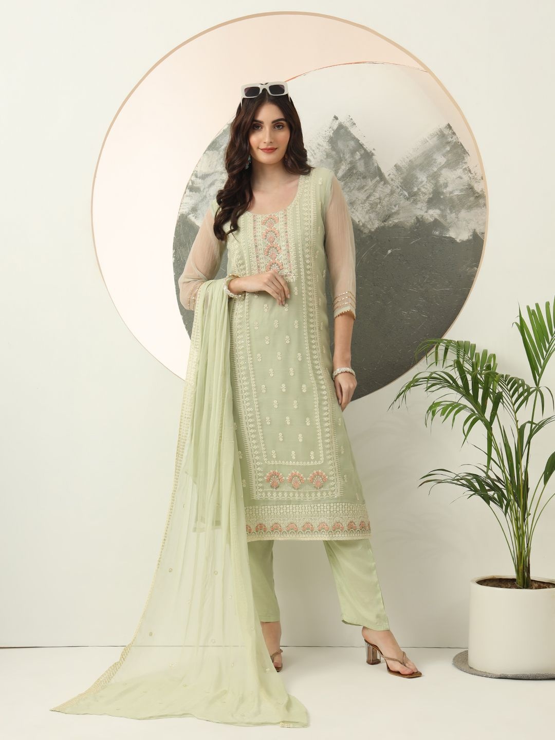 

Yufta Women Embroidered Regular Chikankari Kurta with Trousers & With Dupatta, Green