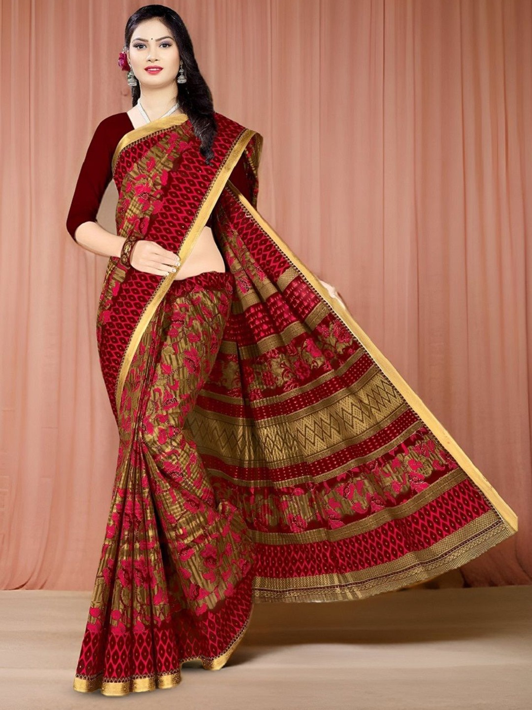 

VEERJI SAREES Floral Printed Pure Cotton Gadwal Saree, Red