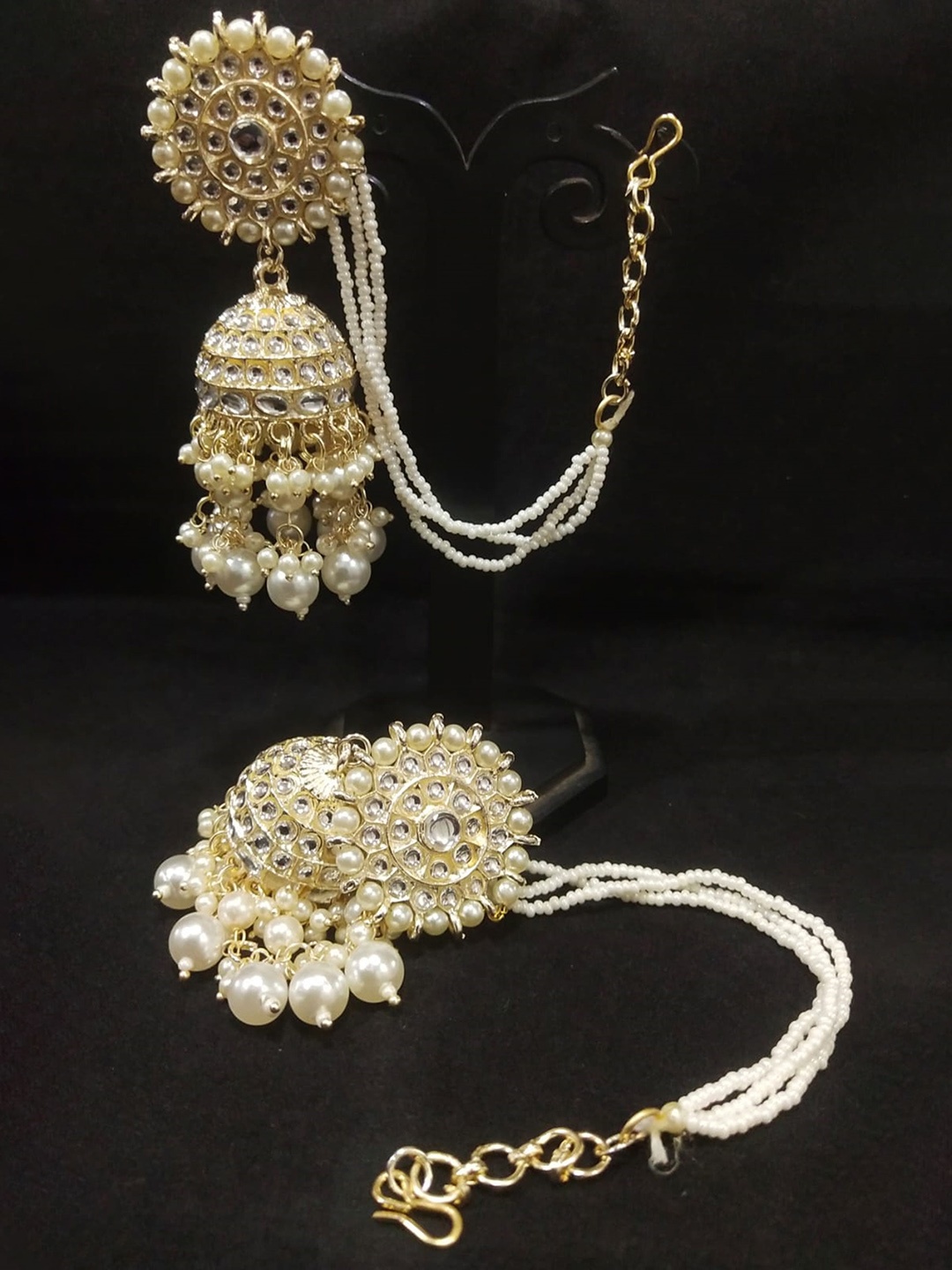 

EVY Gold-Plated Artificial Stones And Beads Studded Dome Shaped Jhumkas, White