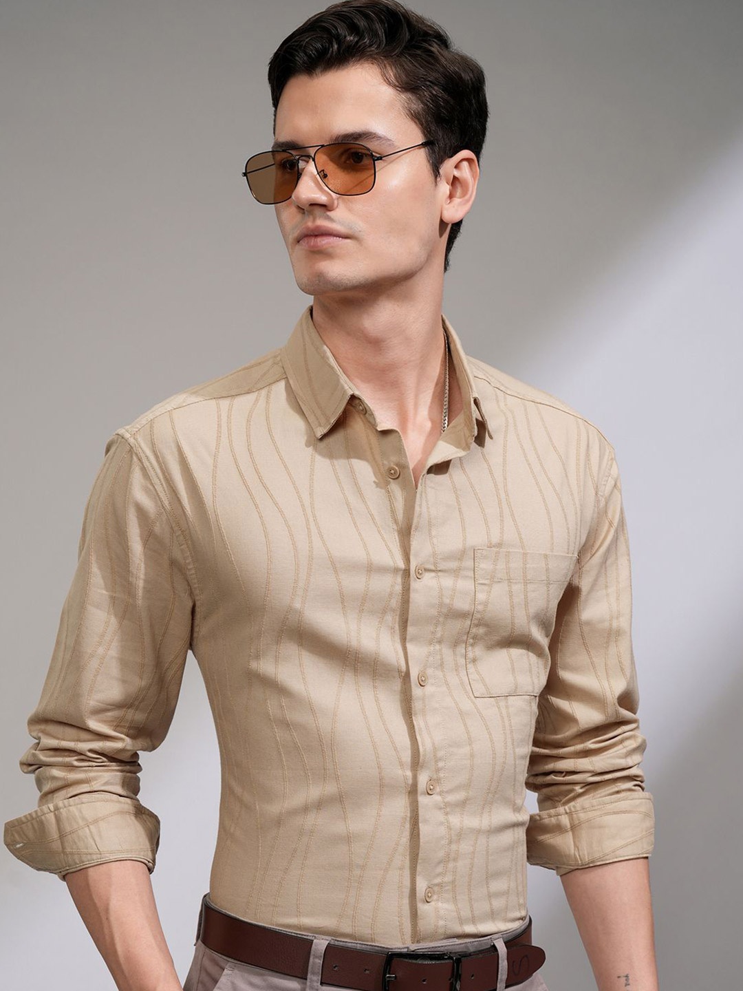 

HIGHLANDER Men Jacquard Textured Casual Relaxed Shirt, Beige