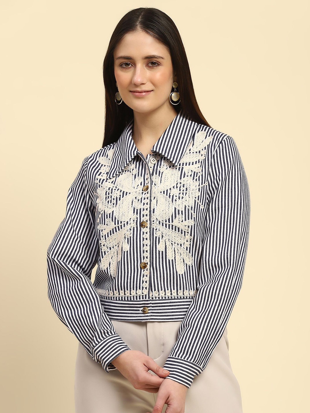 

Global Republic Women Classic Fit Striped Embroidered Cotton Crop Shirt, Navy blue