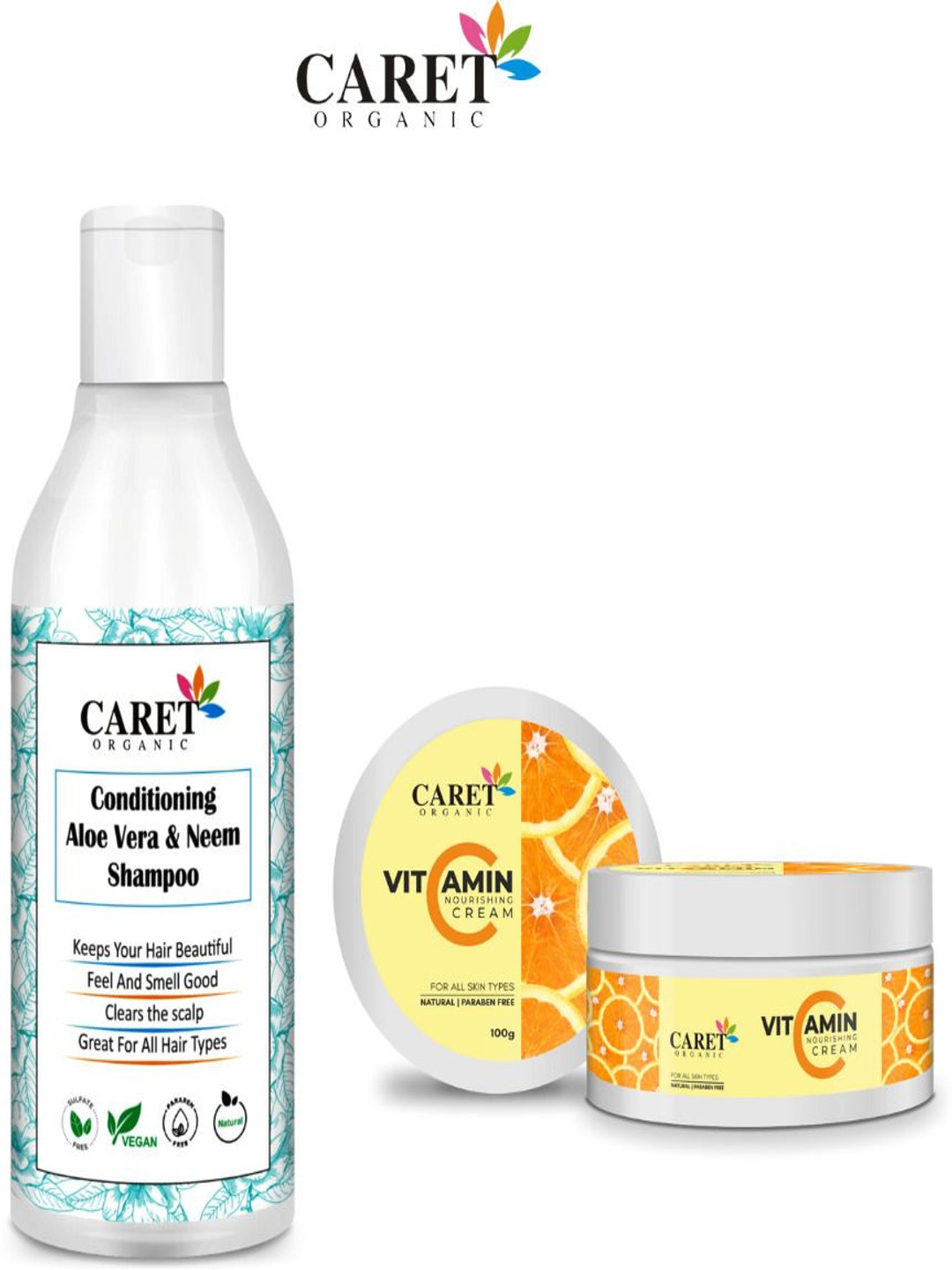 

CARET ORGANIC Set Of 2 Neem Shampoo - 300 ml & Vitamin C Nourishing Cream - 100 g, White