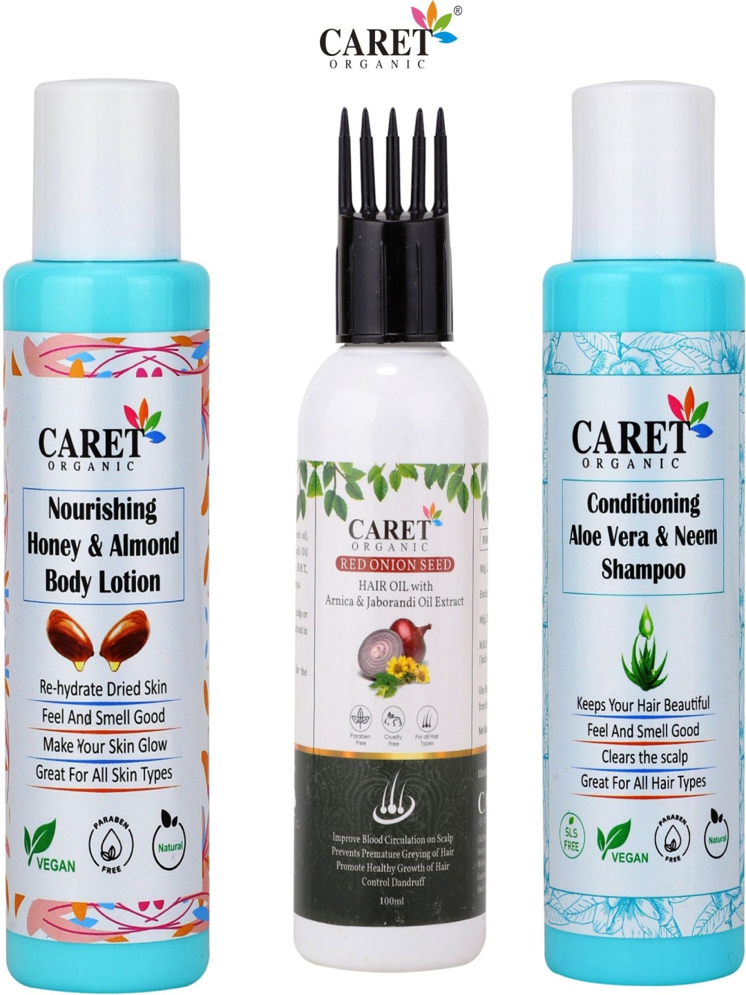 

CARET ORGANIC Set Of 3 Almond Body Lotion, Onion Hair Oil & Aloevera Shampoo - 100 g Each, White