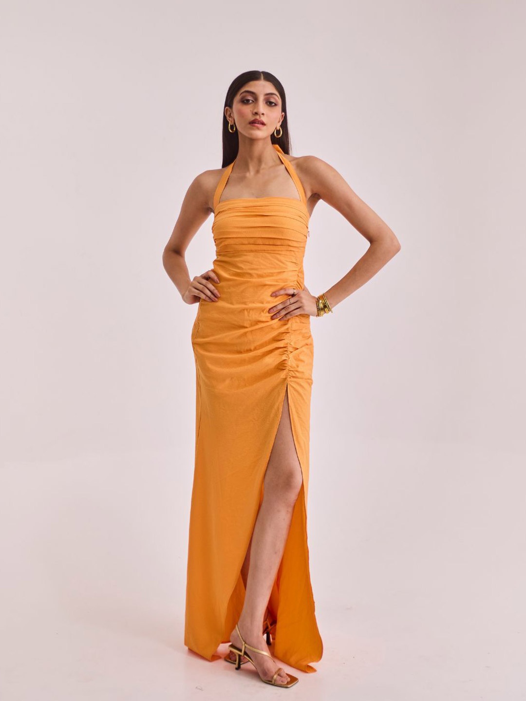 

Urban Suburban Women Halter Neck Crepe Bodycon Maxi Dress, Orange