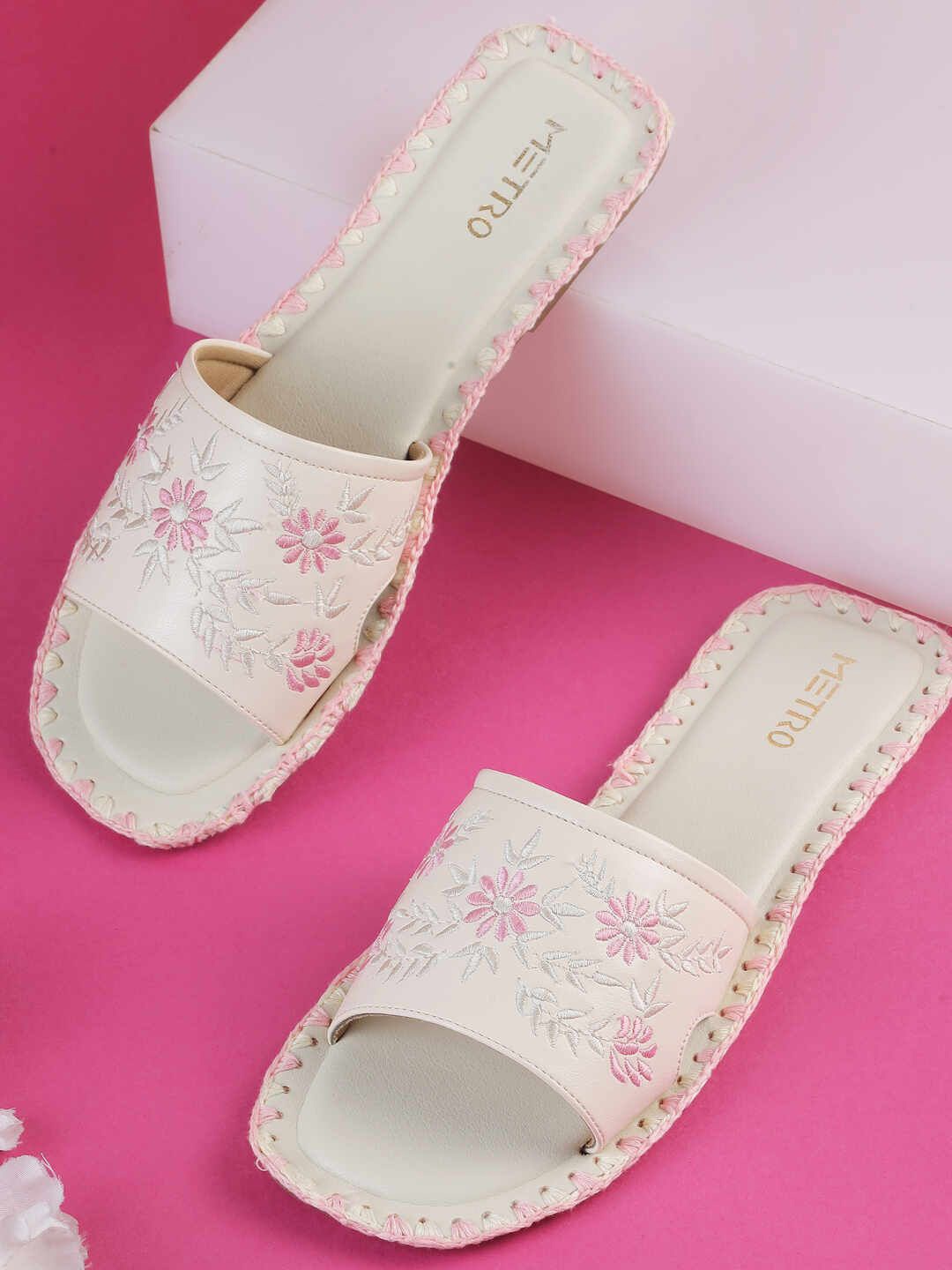 

Metro Women Embroidered Open Toe Flats, Beige