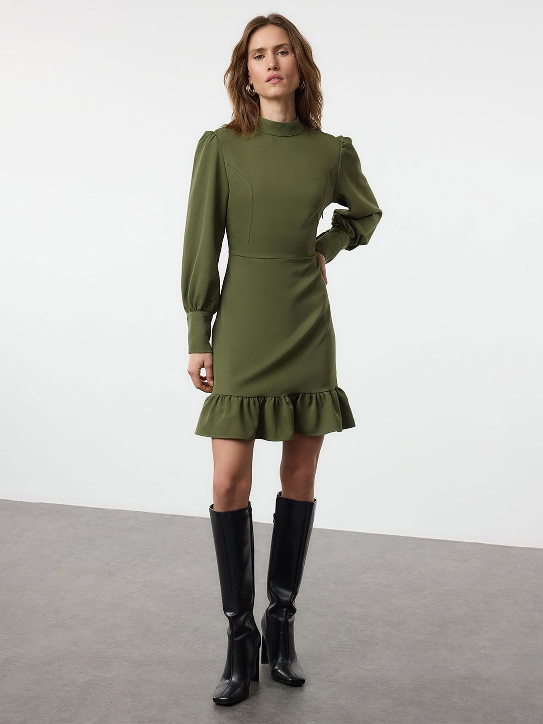 

Trendyol High Neck Cuffed Sleeves Drop-Waist Dress, Na