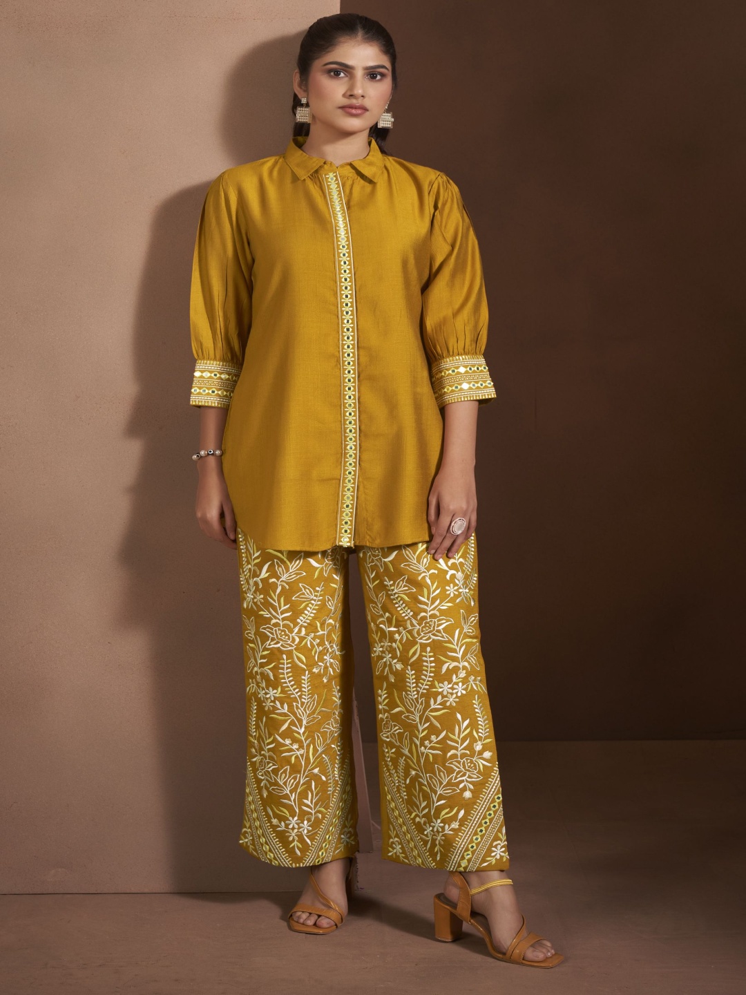 

Anouk Mustard Floral Embroidered Mirror Work Shirt Collar Top & Trousers