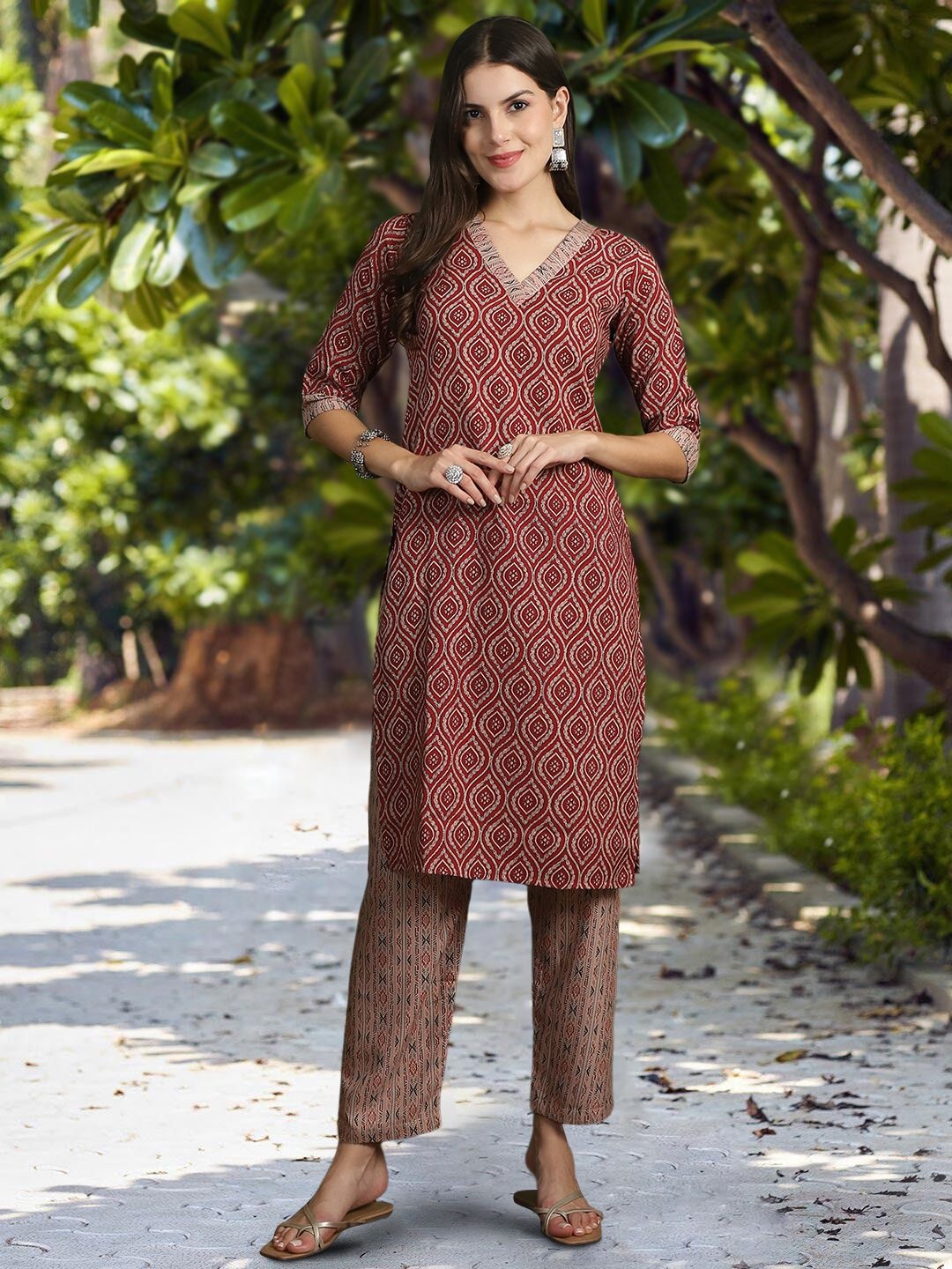 

Moda Rapido Floral Printed V-Neck Straight Kurta With Trouser And Dupatta, Maroon