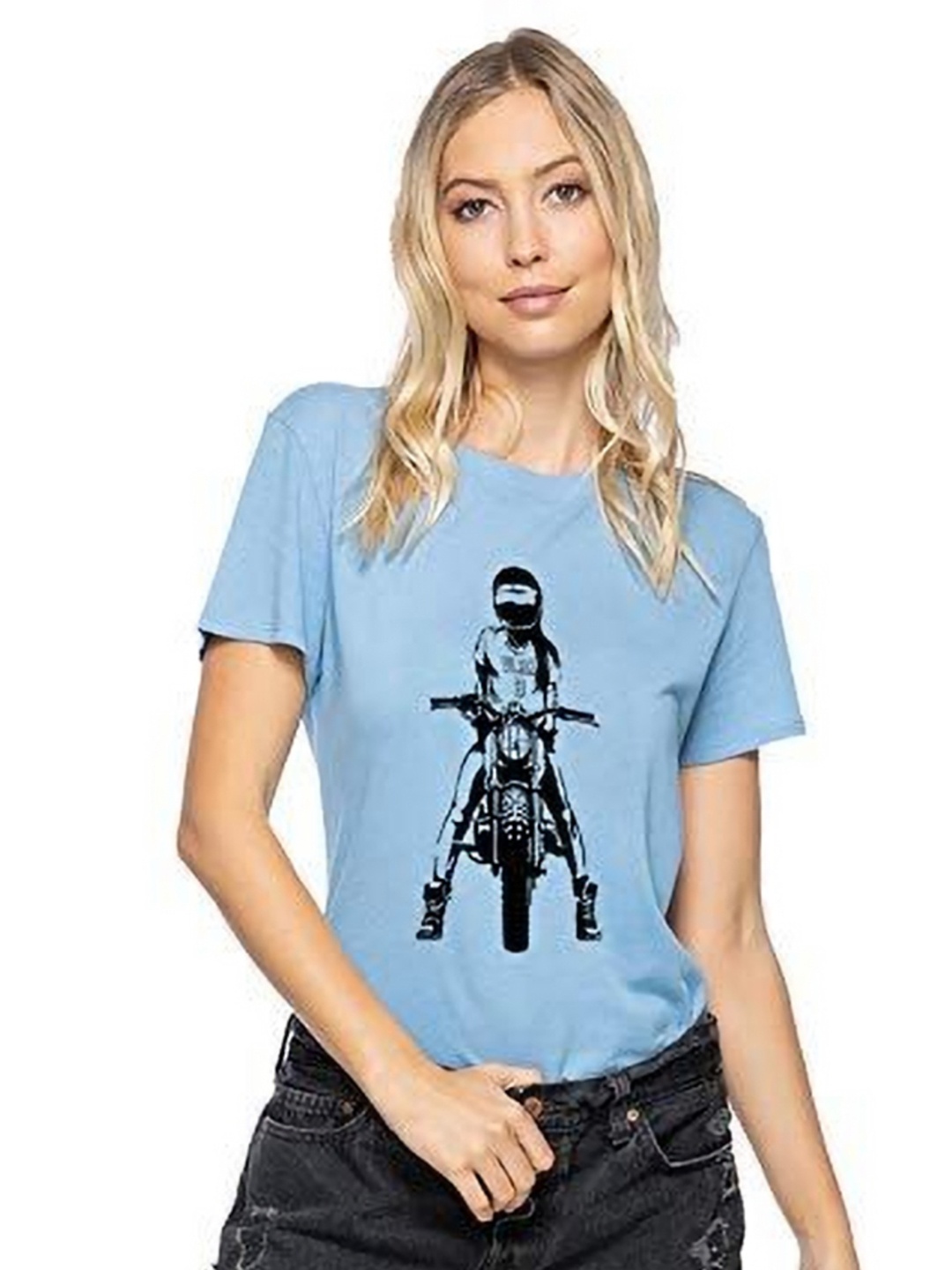 

VLAM Women Printed Raw Edge T-shirt, Blue