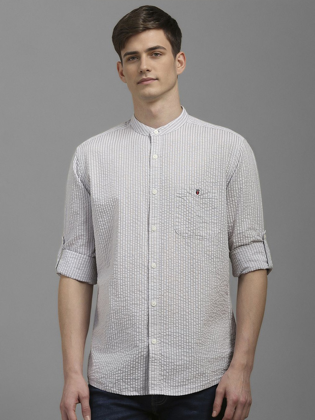 

Louis Philippe Jeans Men Band Collar Vertical Striped Cotton Casual Shirt, Grey