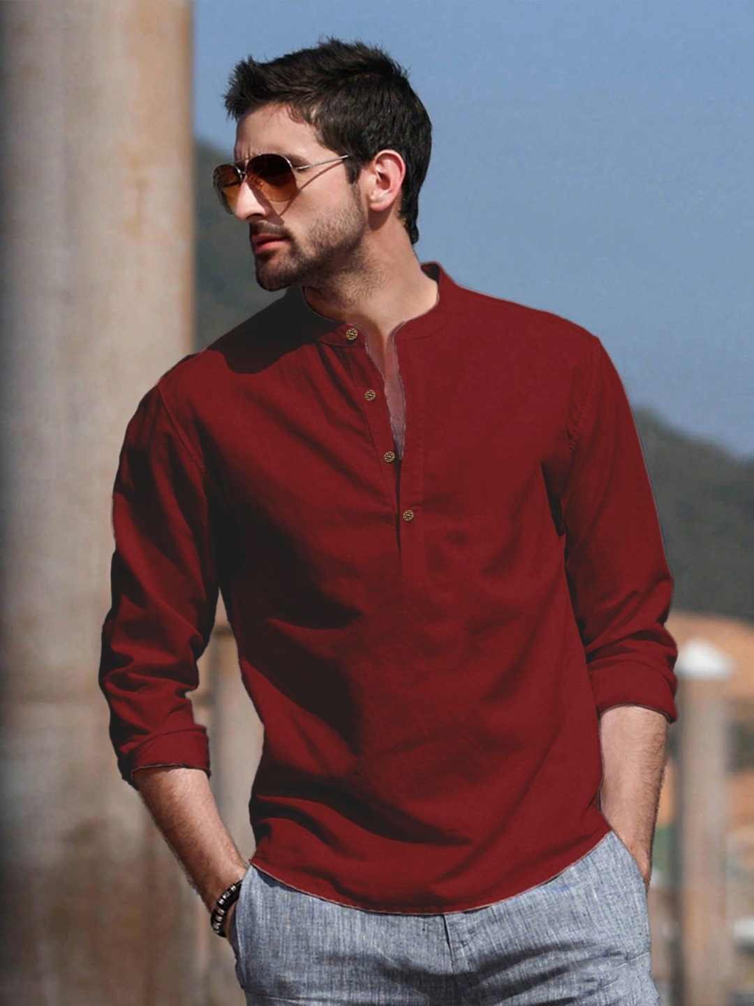 

Anouk Maroon Mandarin Collar Pure Cotton Straight Short Kurta