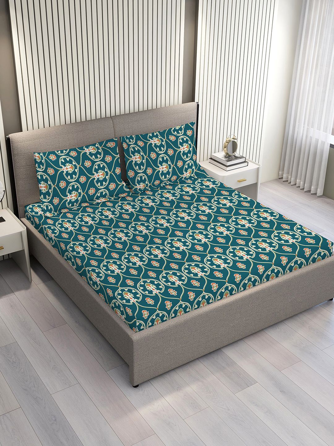 

Layers Aria Blue Ethnic Print Double Bedsheet with 2 Pillow Covers