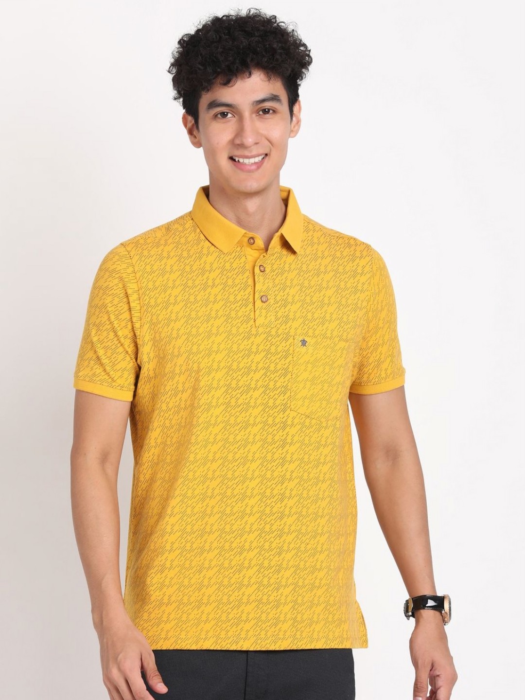 

Turtle Men Abstract Printed Polo Collar Pure Cotton Slim Fit T-shirt, Yellow