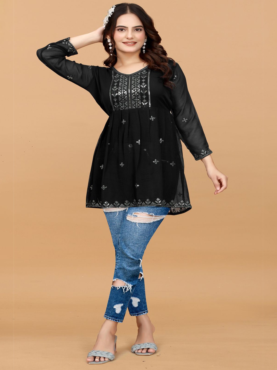 

KRULRIN Women Ethnic Motifs Embroidered Pure Georgette Kurti, Black