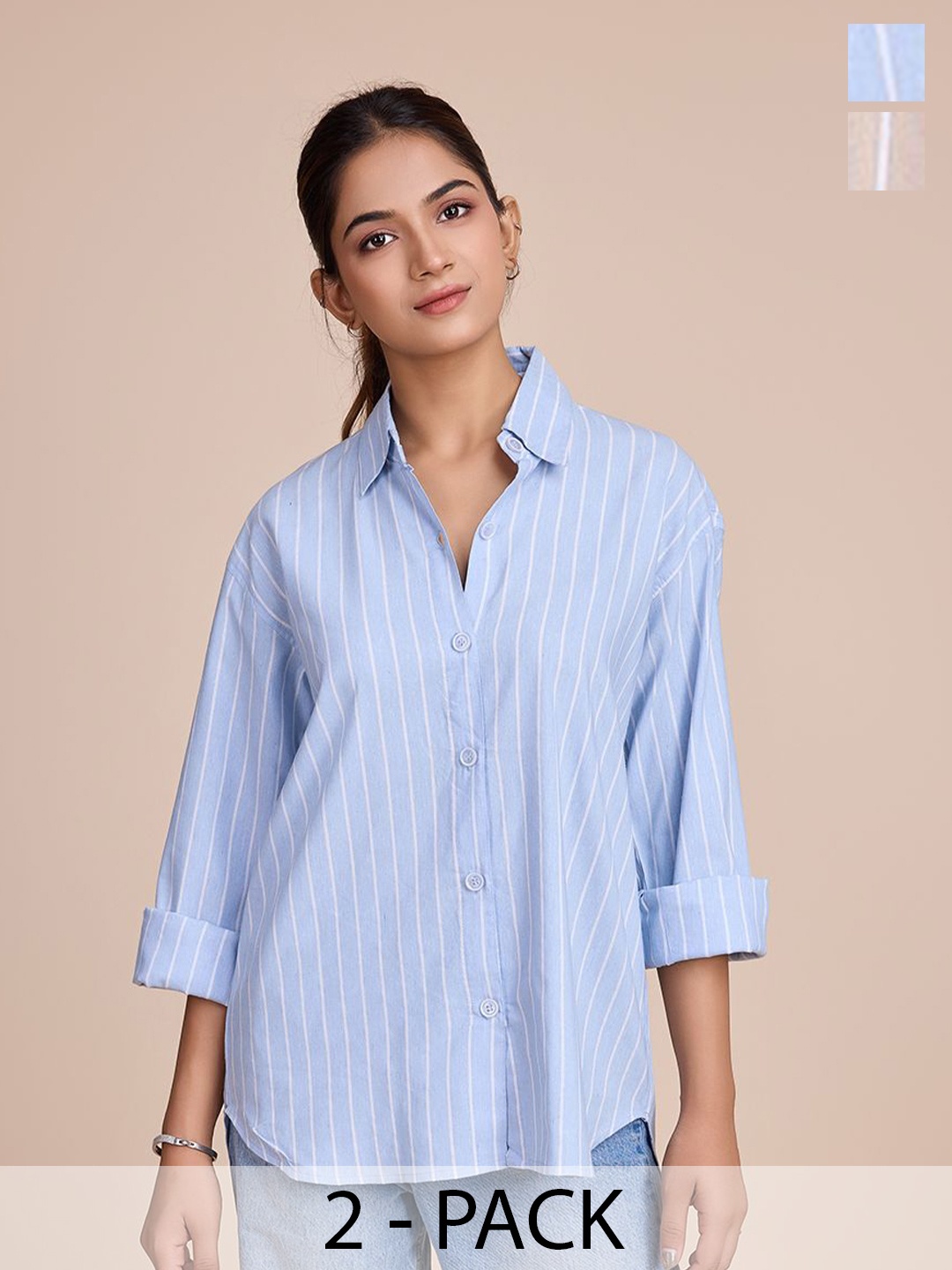 

HOUSE OF MIRA Women Pack Of 2 Classic Oversized Fit Vertical Striped Cotton Casual Shirts, Blue