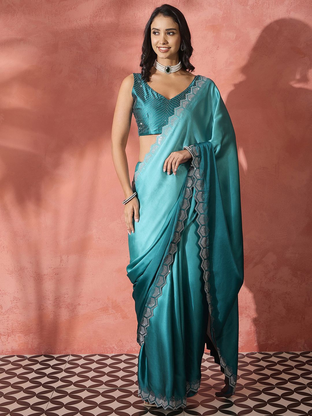 

Sangria Women Embellished Party Wear Saree With Unstitched Blouse, Teal