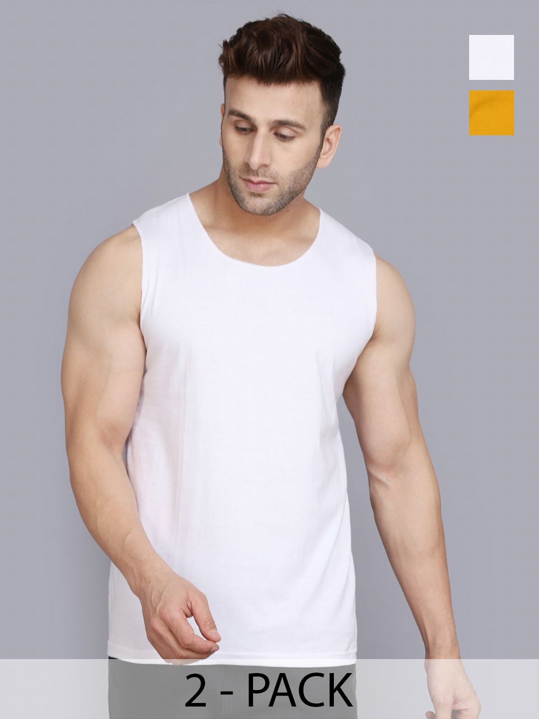 

WOOSTRO Men Pack Of 2 Solid Round Neck Cotton Slim Fit T-shirts, Mustard